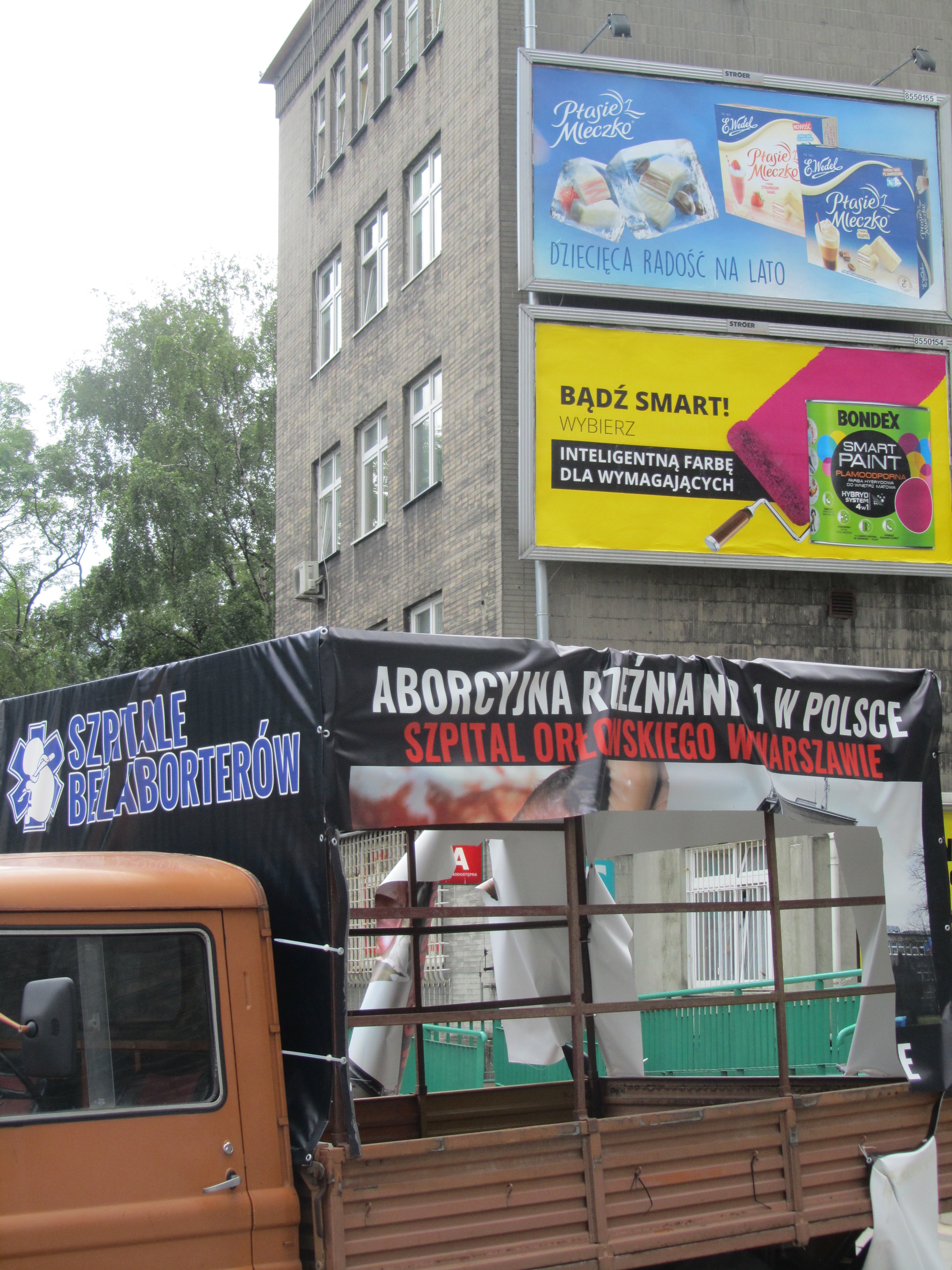 A defaced truck bearing anti-abortion messages outside one of the last hospitals in Poland that still performs abortions. Image by Alex Cocotas. Poland, 2016. A defaced truck bearing anti-abortion messages outside one of the last hospitals in Poland that still performs abortions. Image by Alex Cocotas. Poland, 2016.