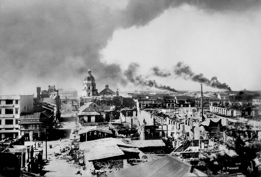 Manila burning in February, 1945, during the World War II Battle of Manila. Image courtesy of J. Tewell / Creative Commons. Philippines, 1945. Manila burning in February, 1945, during the World War II Battle of Manila. Image courtesy of J. Tewell / Creative Commons. Philippines, 1945.