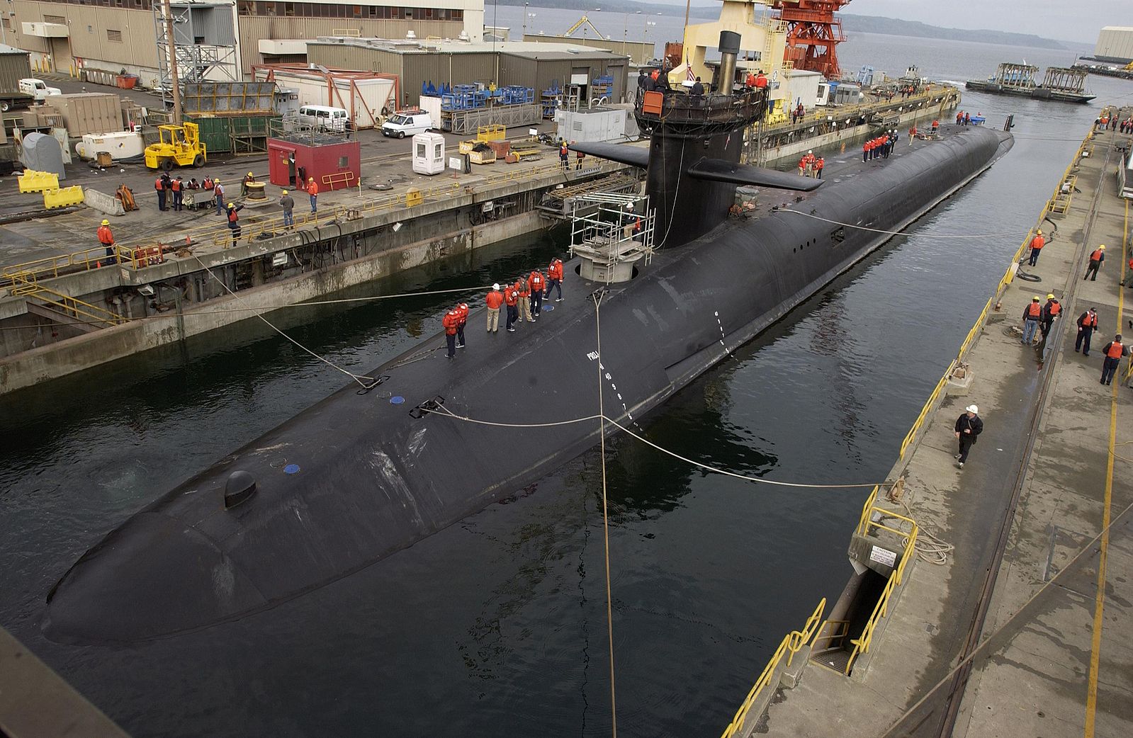 The USS Michigan, a Trident class nuclear submarine, in for repairs at the naval yards in Washington. Image by U.S. Navy. USA, 2002. The USS Michigan, a Trident class nuclear submarine, in for repairs at the naval yards in Washington. Image by U.S. Navy. USA, 2002.