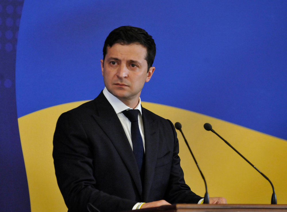 Ukraine President Volodymyr Zelensky speaks at a news conference during the Ukraine-EU Summit in Kiev on July 8, 2019. Image by Sergei Chuzavkov / Shutterstock. Ukraine, 2019. Ukraine President Volodymyr Zelensky speaks at a news conference during the Ukraine-EU Summit in Kiev on July 8, 2019. Image by Sergei Chuzavkov / Shutterstock. Ukraine, 2019.