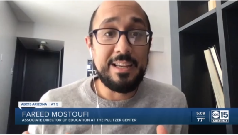 Pulitzer Center Associate Director of Education Fareed Mostoufi in an interview with ABC15 Arizona. Image courtesy of ABC15. United States, 2020. Pulitzer Center Associate Director of Education Fareed Mostoufi in an interview with ABC15 Arizona. Image courtesy of ABC15. United States, 2020.