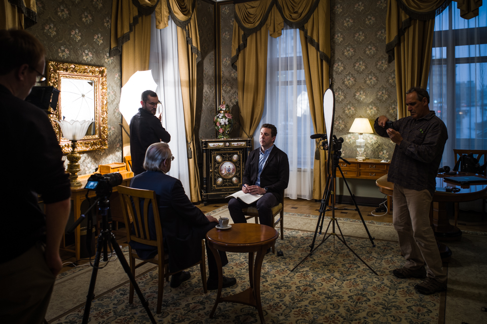 A PBS NewsHour interview with Vadim Pokrovsky, head of the Russia’s Federal AIDS Center, at the Metropol Hotel in Moscow illustrates that TV, unlike print, requires substantial equipment and crew. Image by Misha Friedman. Russia, 2017. A PBS NewsHour interview with Vadim Pokrovsky, head of the Russia’s Federal AIDS Center, at the Metropol Hotel in Moscow illustrates that TV, unlike print, requires substantial equipment and crew. Image by Misha Friedman. Russia, 2017.