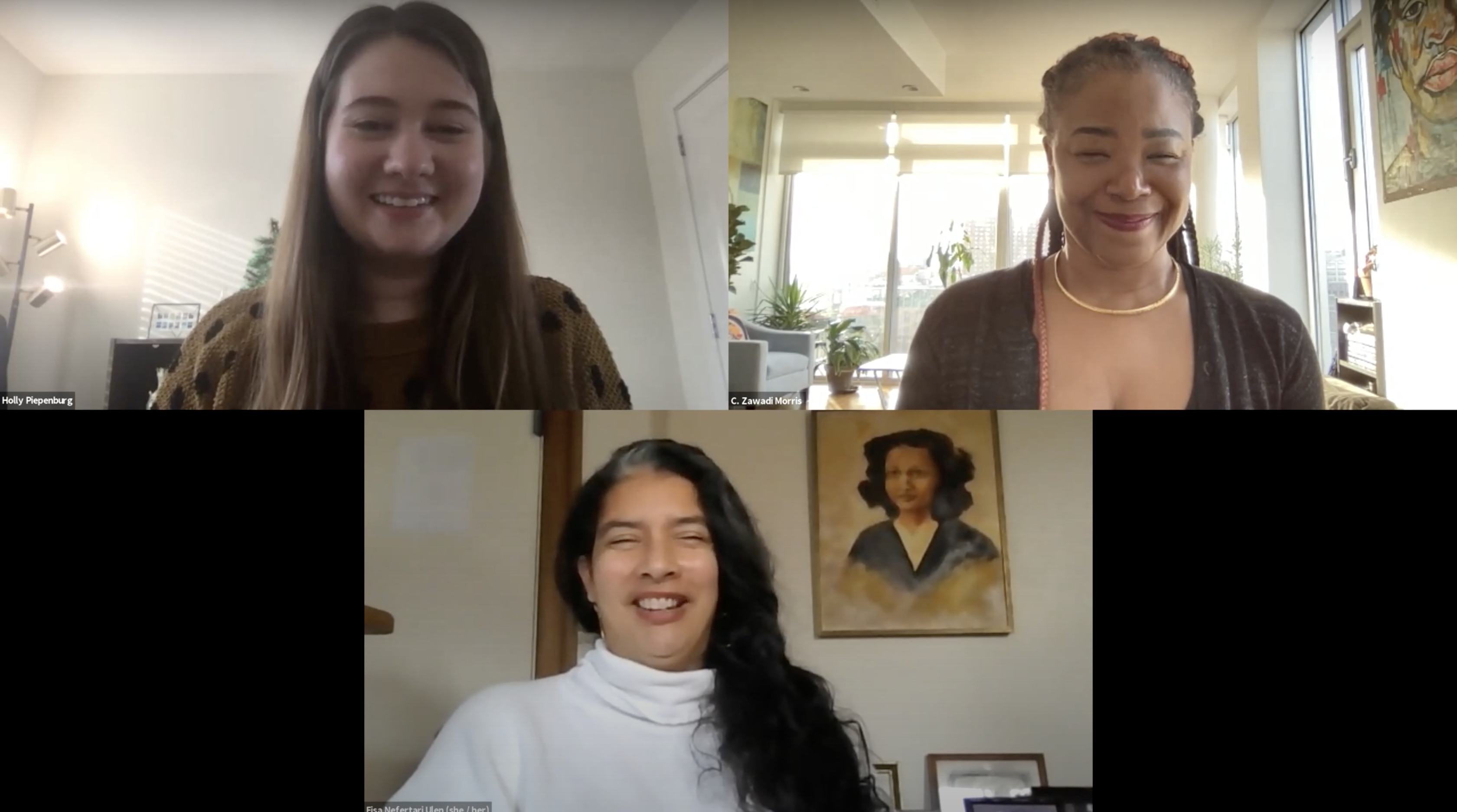 C. Zawadi Morris and Eisa Nefertari Ulen participate in a Zoom webinar. 2020. C. Zawadi Morris and Eisa Nefertari Ulen participate in a Zoom webinar. 2020.