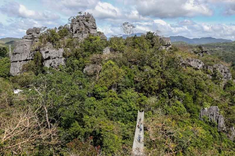 This February 7, 2021 photo shows Masungi Georeserve in Baras, Rizal. The georeserve, known for its 60-million-year-old limestone formations, was restored after 20 years of protection. Image by Philstar.com/EC Toledo IV. Philippines, 2021. Aerial view of limestone formations surrounded by trees
