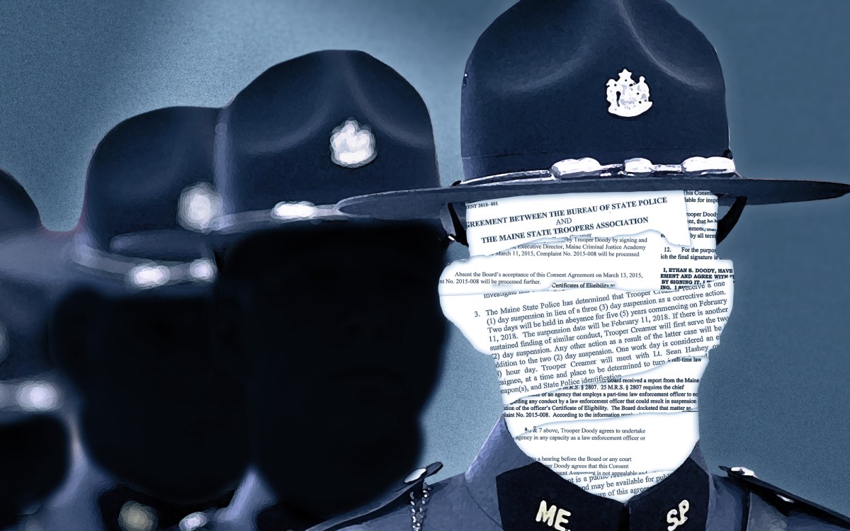 MaineStatePoliceMisconductDiscipline.jpeg Illustration of the outlines of police officers. One officer's face is filled in with text from official documents.