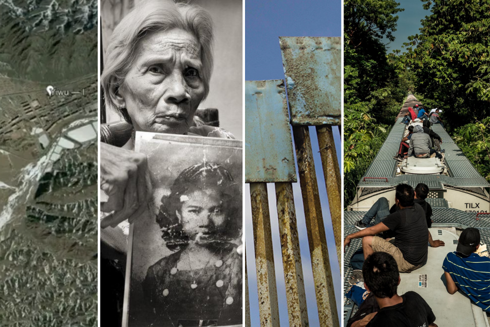 OPCAward.png A collage of images from the award-winning projects. (Digital map, woman holding a photograph, border wall, people sitting on top of a train car.)
