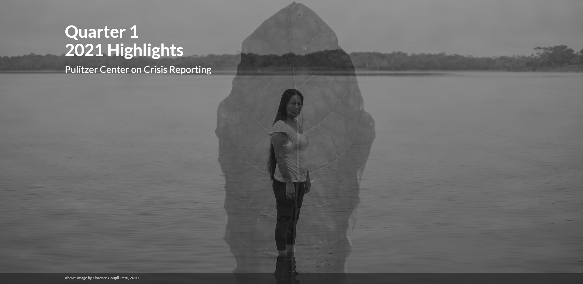 A woman stands at the water's edge, an image of a leaf superimposed over her.