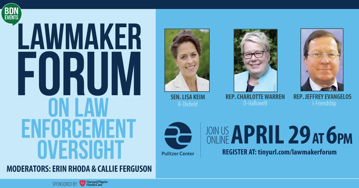 Promotional image for the event "Lawmaker Forum of Law Enforcement Oversight" with event information and photos of the lawmaker panelists.
