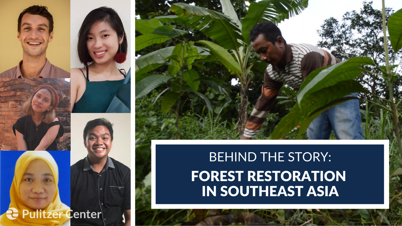 Thumbnail image from the video with portraits of the journalists and the words, "Behind the Story: Forest Restoration in Southeast Asia".