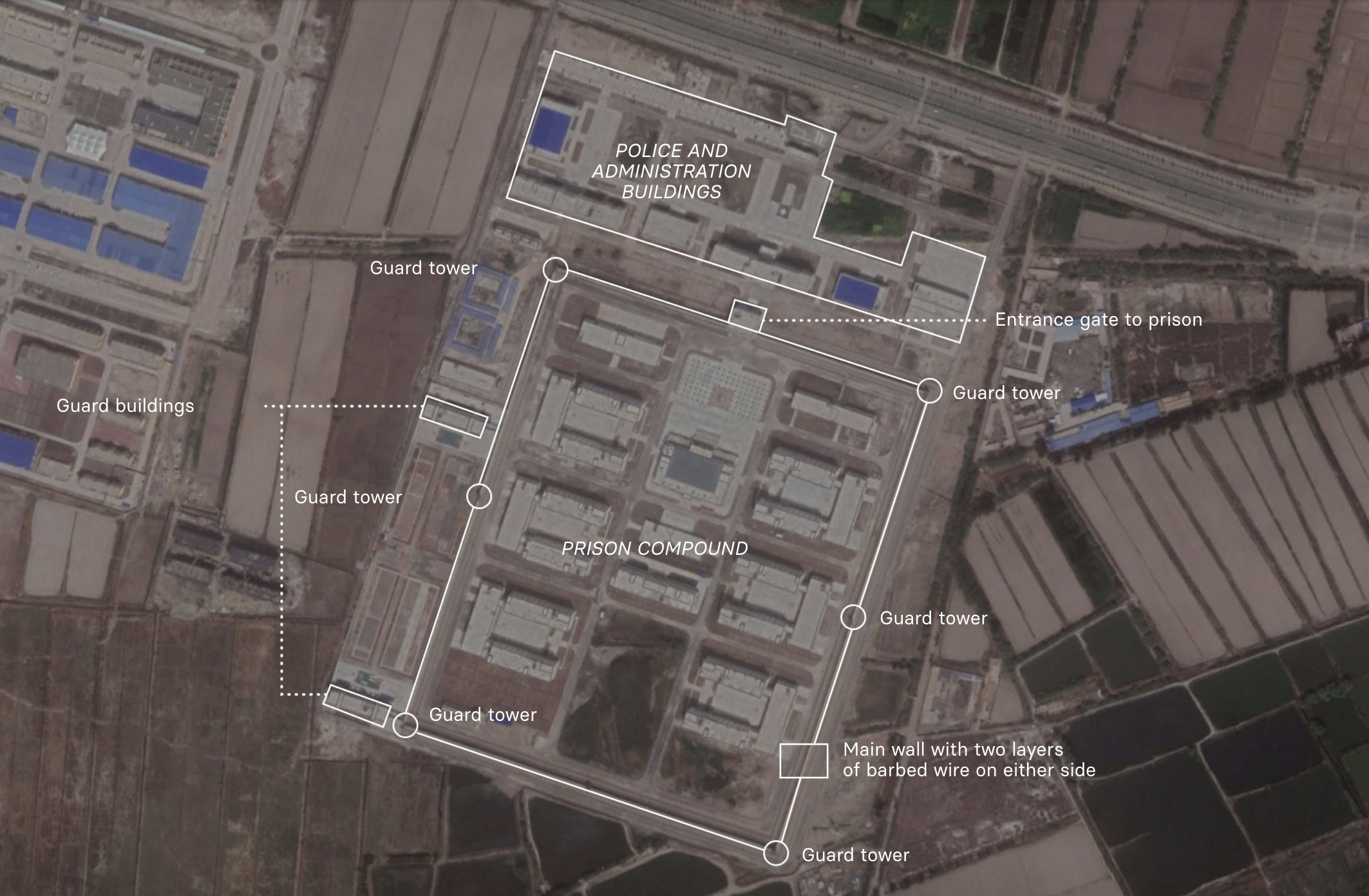 Satellite image of camp with labels of the buildings overlayed.