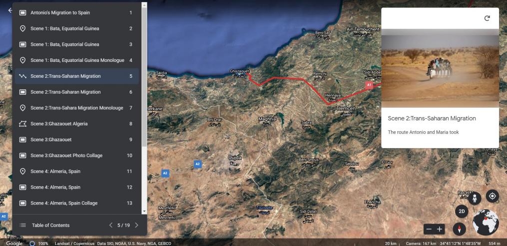 Student work sample: Screenshot of a Google Earth migration story 