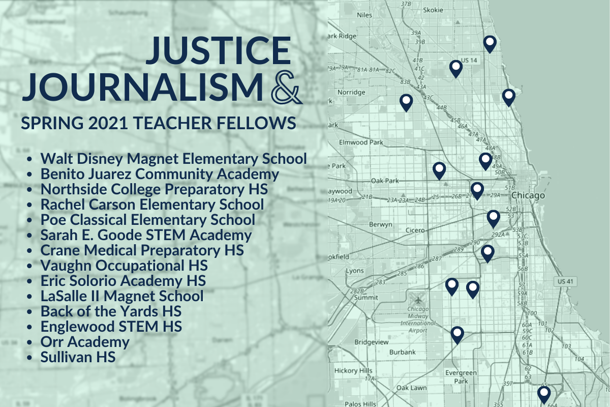 Map of Chicago showing the names and locations of the 14 schools where spring 2021 Chicago Teacher Fellows work, spread across a range of neighborhoods.