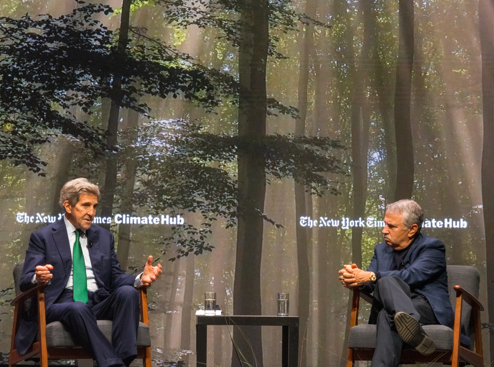 U.S. Climate Envoy John Kerry in interview with NYT writer Thomas Friedman in Glasgow at special event. Photo by Chris J Dunn. Scotland, 2021. U.S. Climate Envoy John Kerry in interview with NYT writer Thomas Friedman in Glasgow at special event. Photo by Chris J Dunn. Scotland, 2021.