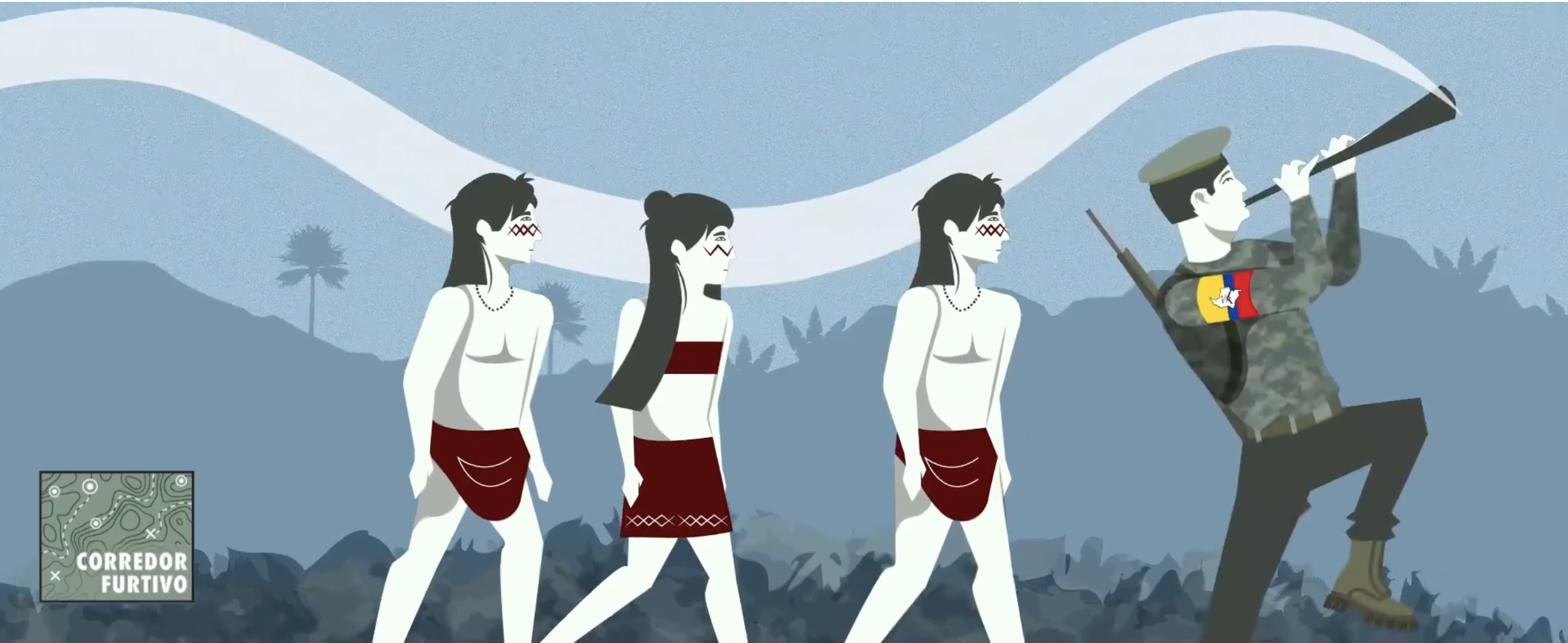 A soldier plays a flute and leads three people walking.