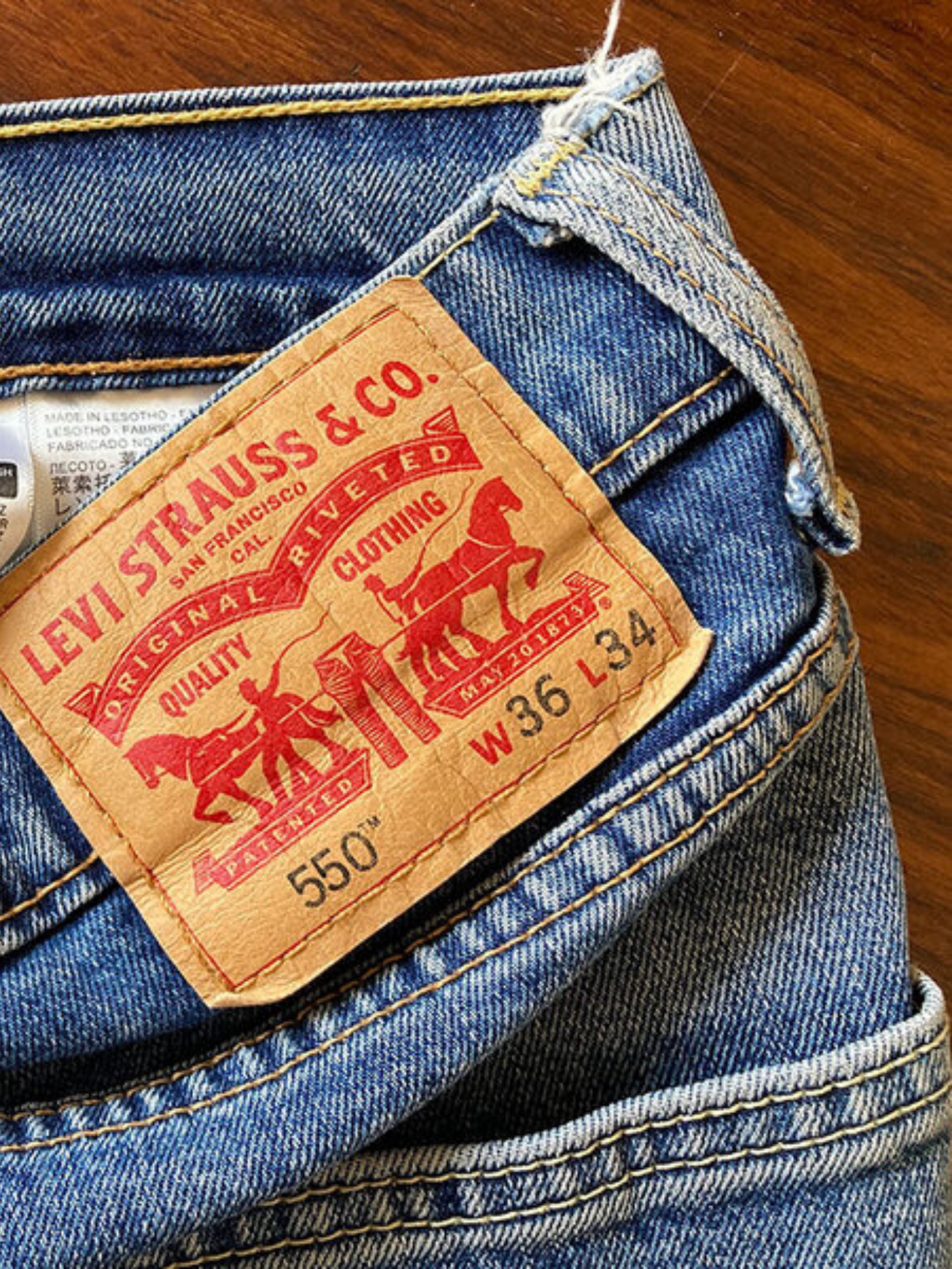 Tag on the back side of a pair of Levi's blue jeans