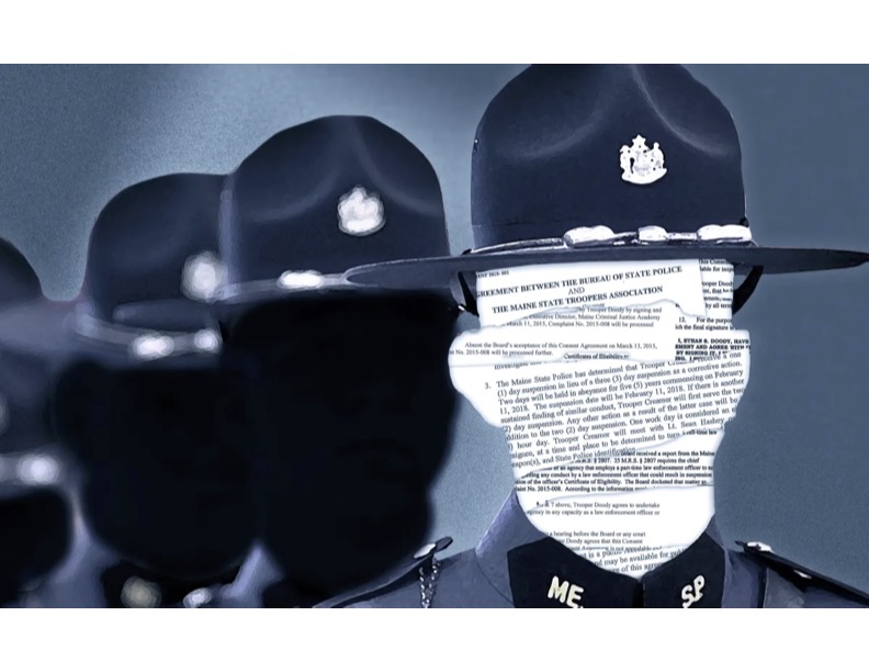 Photo illustration by Coralie Cross/BDN. United States, 2021. A collage of police records superimposed over state troopers' faces. Photo illustration by Coralie Cross/BDN. United States, 2021.