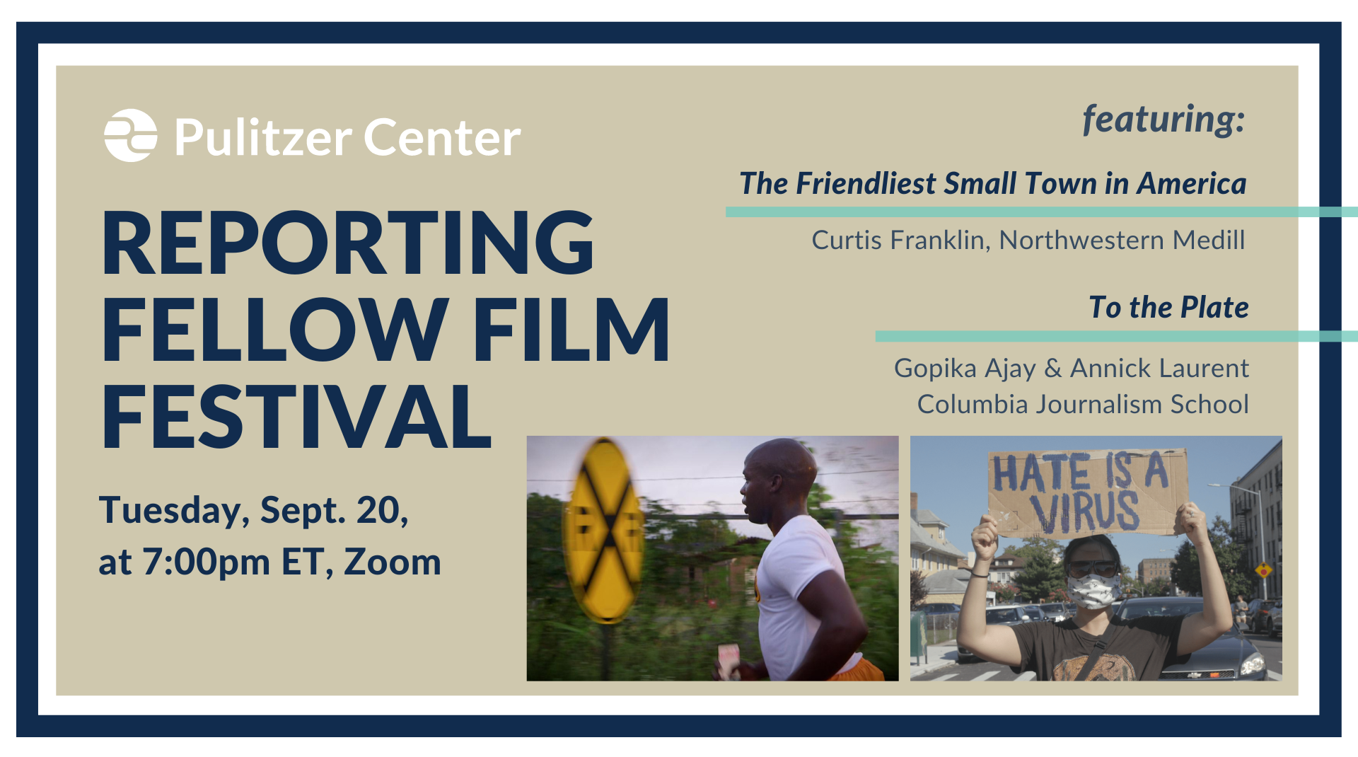 graphic. Reads: Reporting Fellow Film Festival Tuesday September 20 seven o clock eastern via zoom