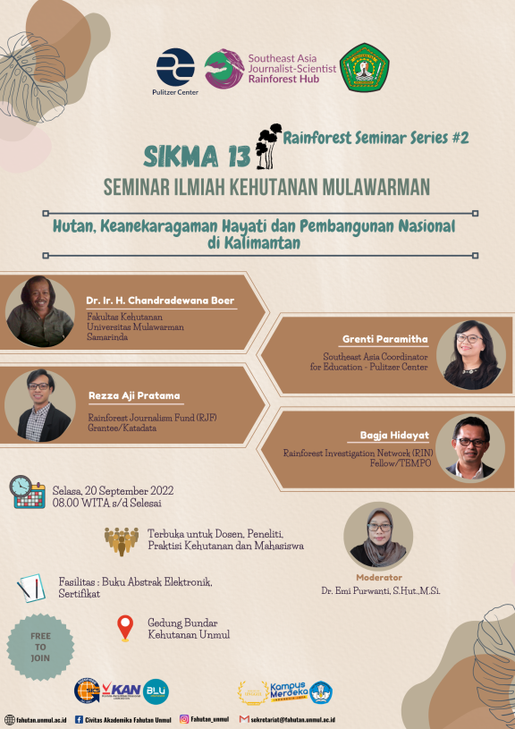 Event poster in bahasa Indonesia language, featuring four speakers: Dr. Ir. H. Chandradewana Boer, Grenti Paramitha, Rezza Aji Pratama, and Bagja Hidayat. 20 September 2022 at 8:00 WITA. Moderator Dr. Emi Purwanti. Event is free to join.