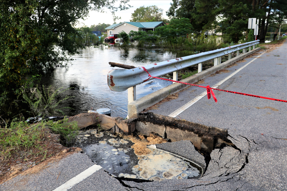 shutterstock_1185974149.jpg Bridge collapse near Lumberton, North Carolina, due to water rising from Hurricane Florence. United States, 2018.