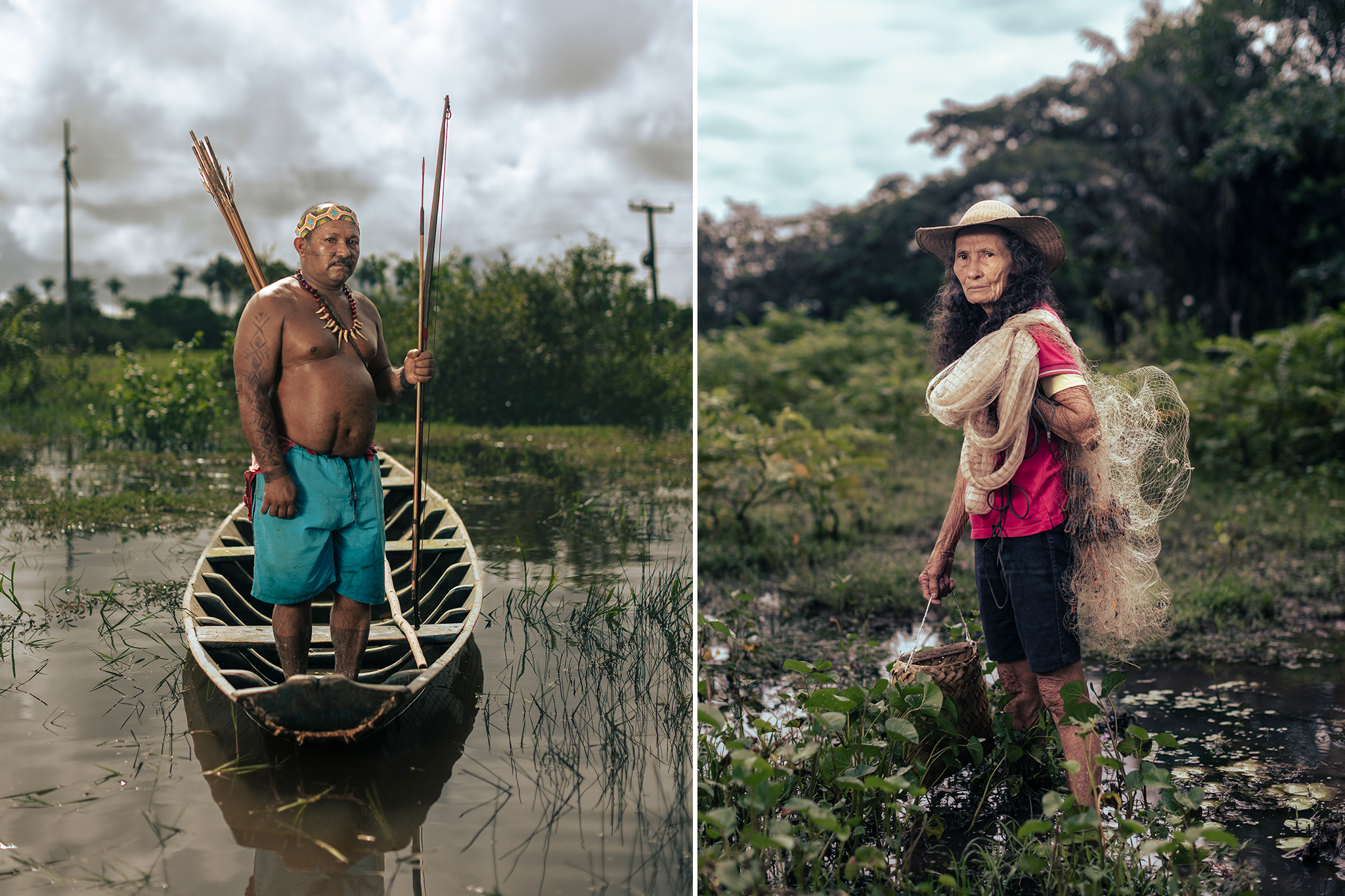 780199.jpg Two images. In the first, a man stands in blue swim trunks inside of a small wooden canoe. In the second, an elderly woman holds a fishing net as she stands in a marsh. Both are posing for their portraits.