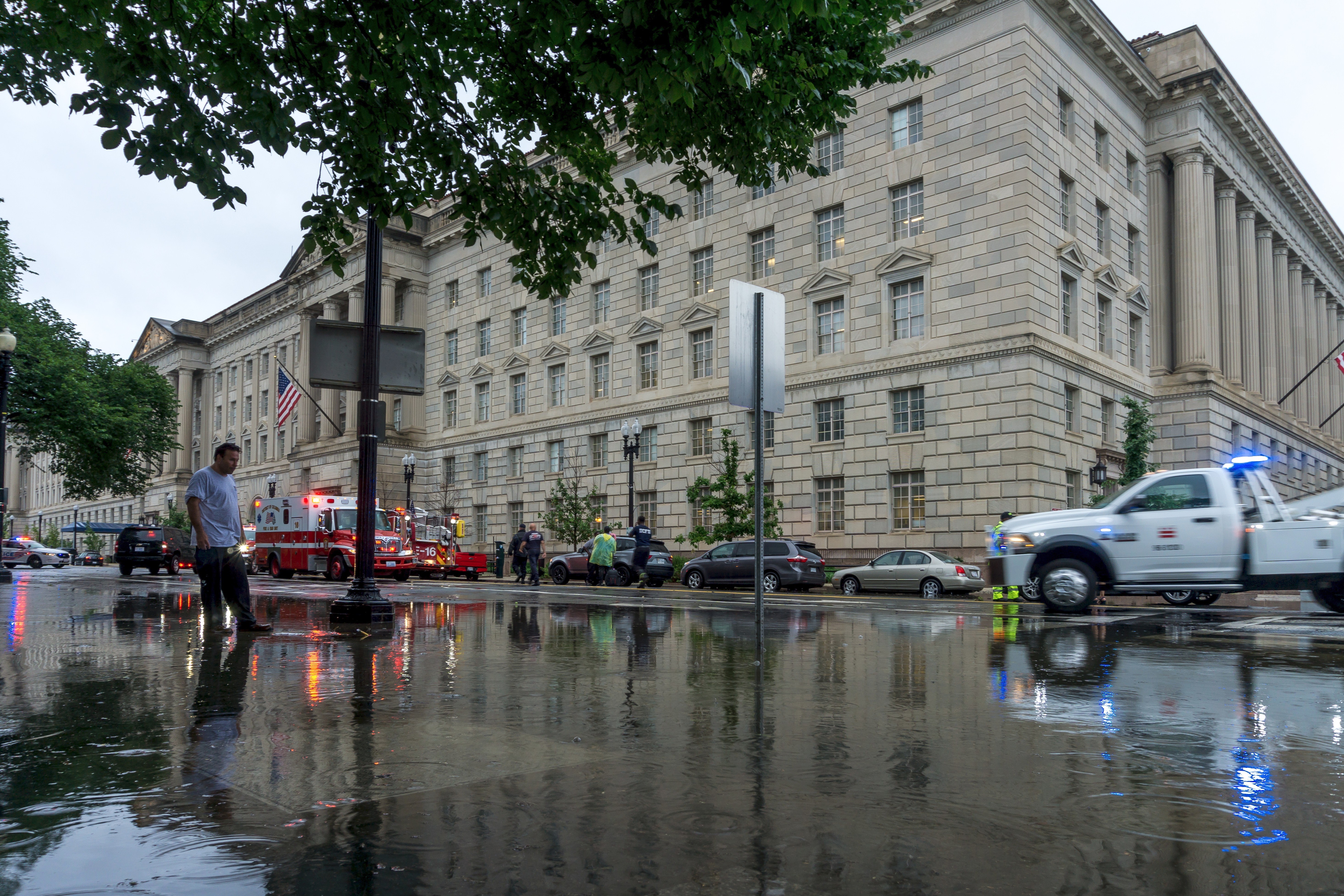 Washington, DC / USA - July 8, 2019: Torrential rain flooded parts of Washington, DC, stranding cars and causing havoc with traffic.