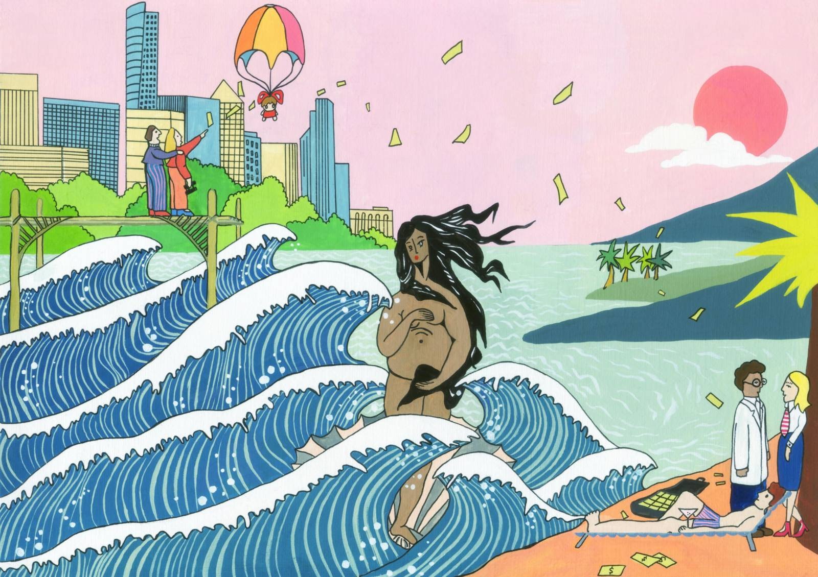 an illustration of a woman mimicking the Venus in the shell painting