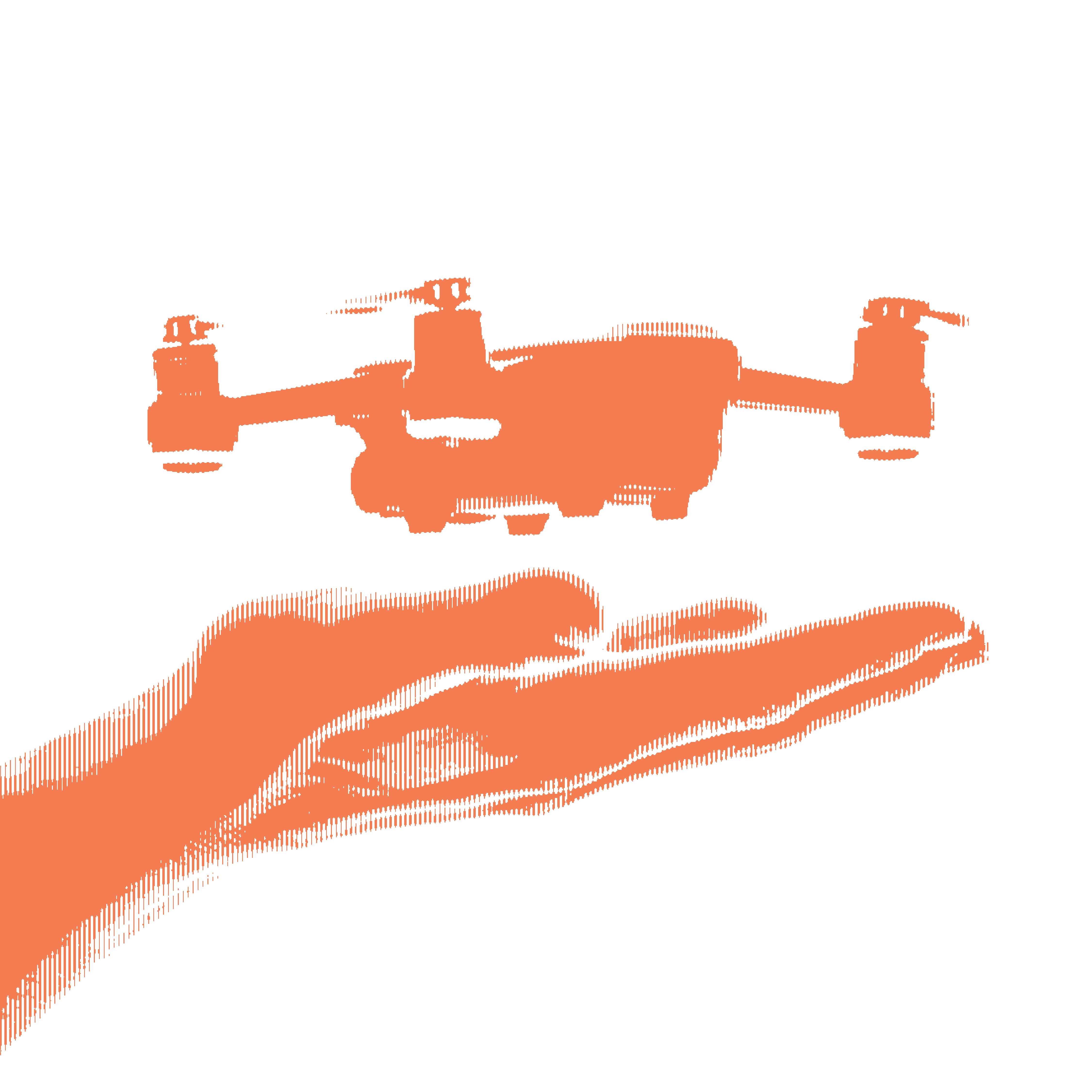 an orange halftone illustration of a hand underneath a drone