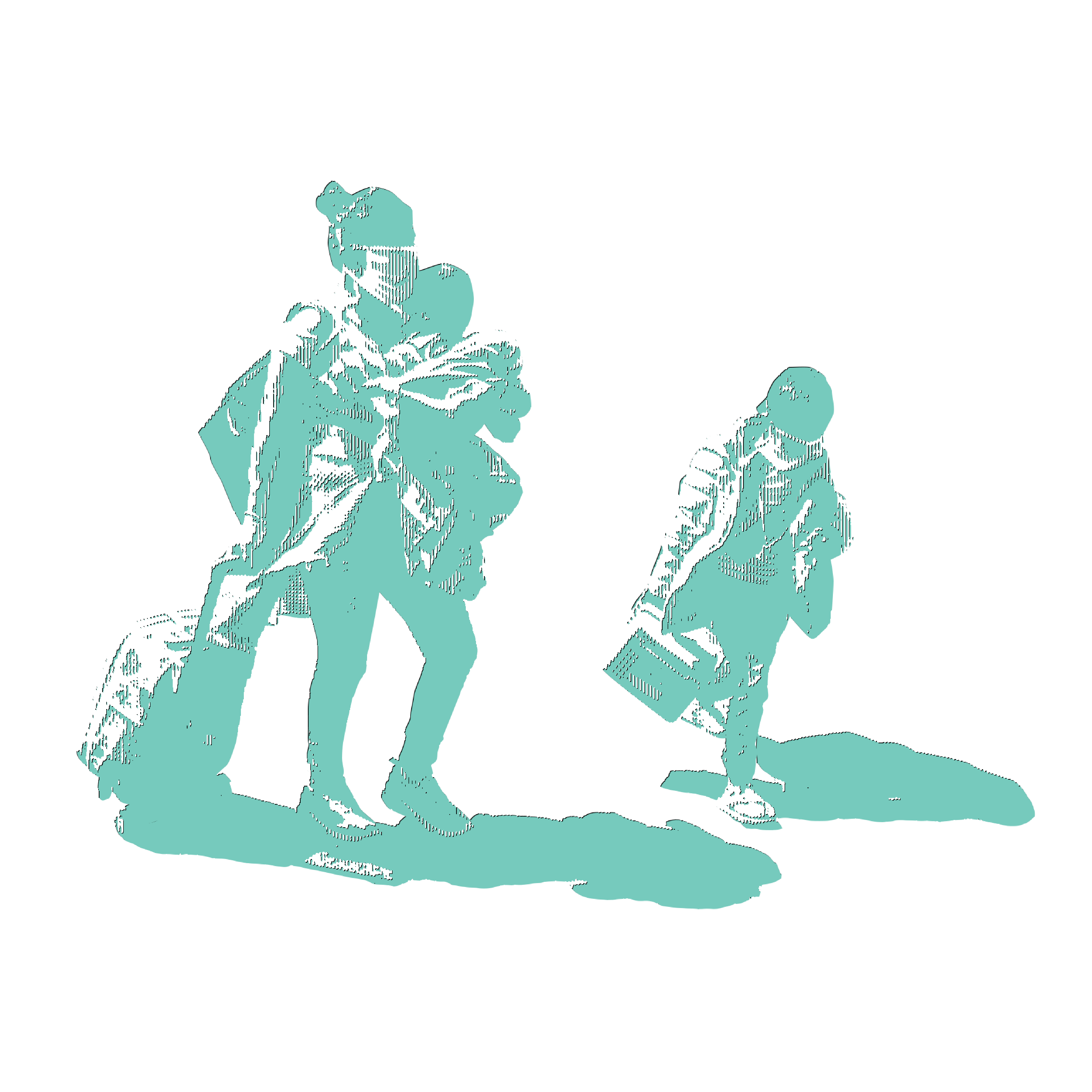 teal halftone illustration of a family carrying luggage and walking