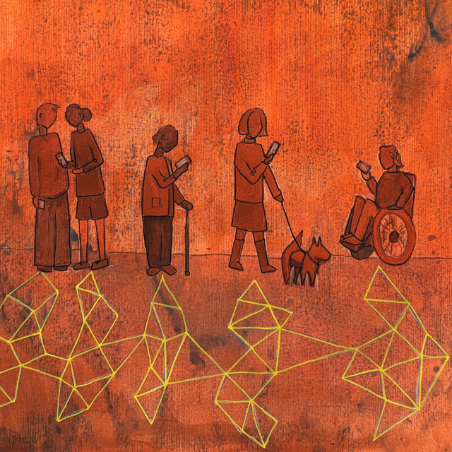 The illustration shows people from all walks of life looking at their phones, to show connection to the internet and digital accessibility. Image courtesy of Jamillah Knowles & Reset.Tech Australia / Better Images of AI / People with phones / CC-BY 4.0.