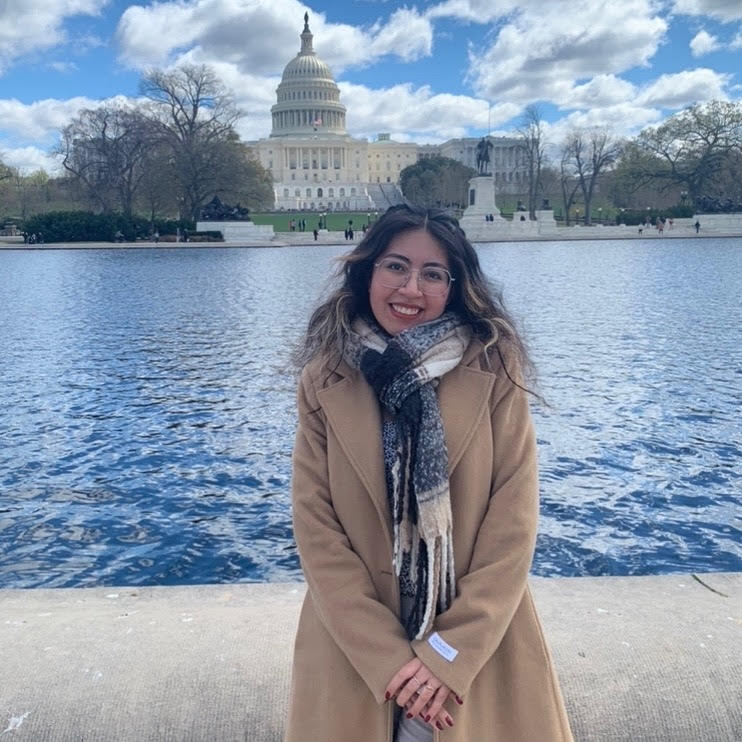 Allison wearing a tan coat in front of the U.S. capitol building