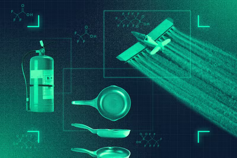 Illustration: An airplane leaves a trail of vapor, different angles of a frying pan, and a canister of fire extinguisher are displayed as examples of sources of PFAS chemical pollutants.