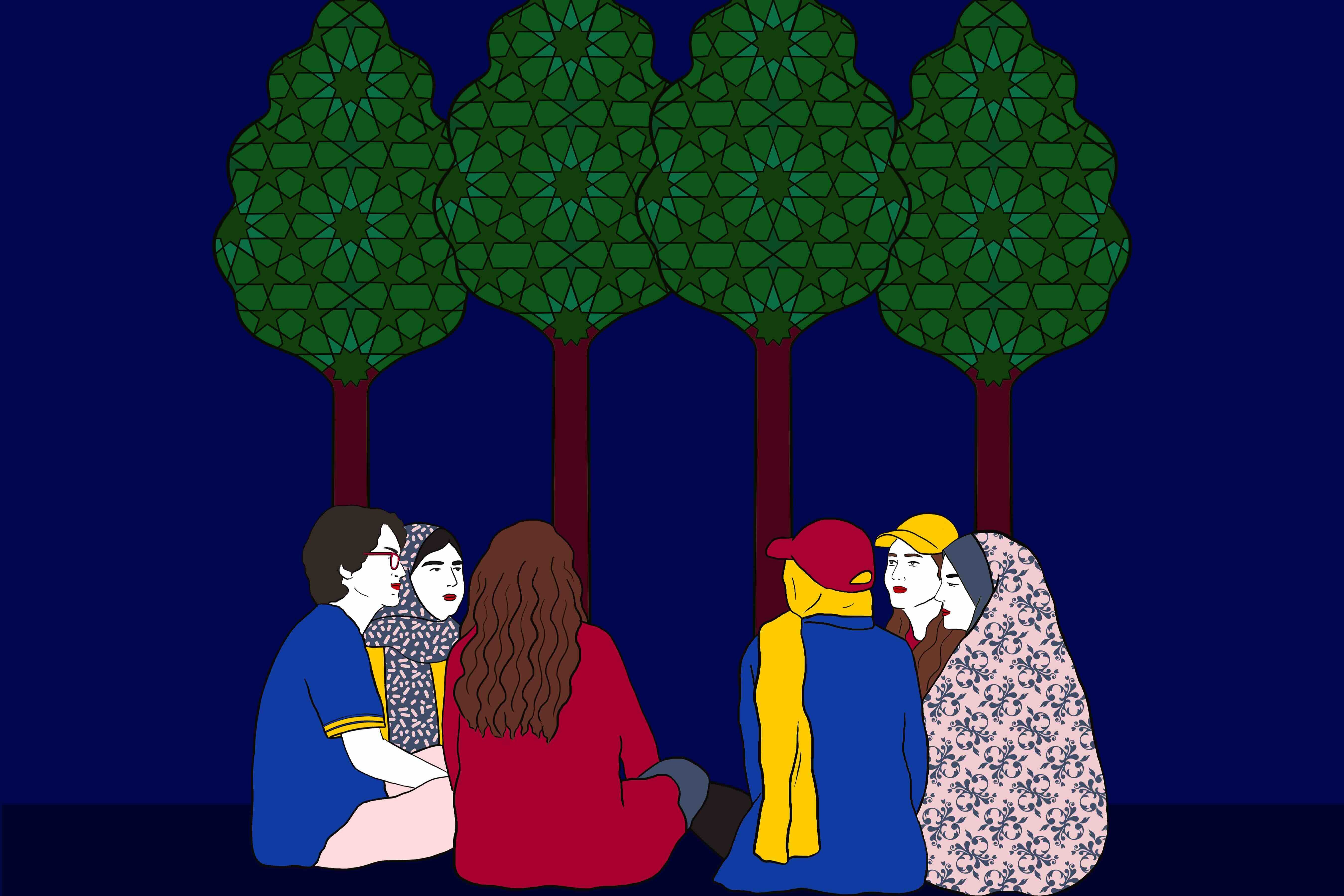 A Move film poster, illustration of women sitting under trees