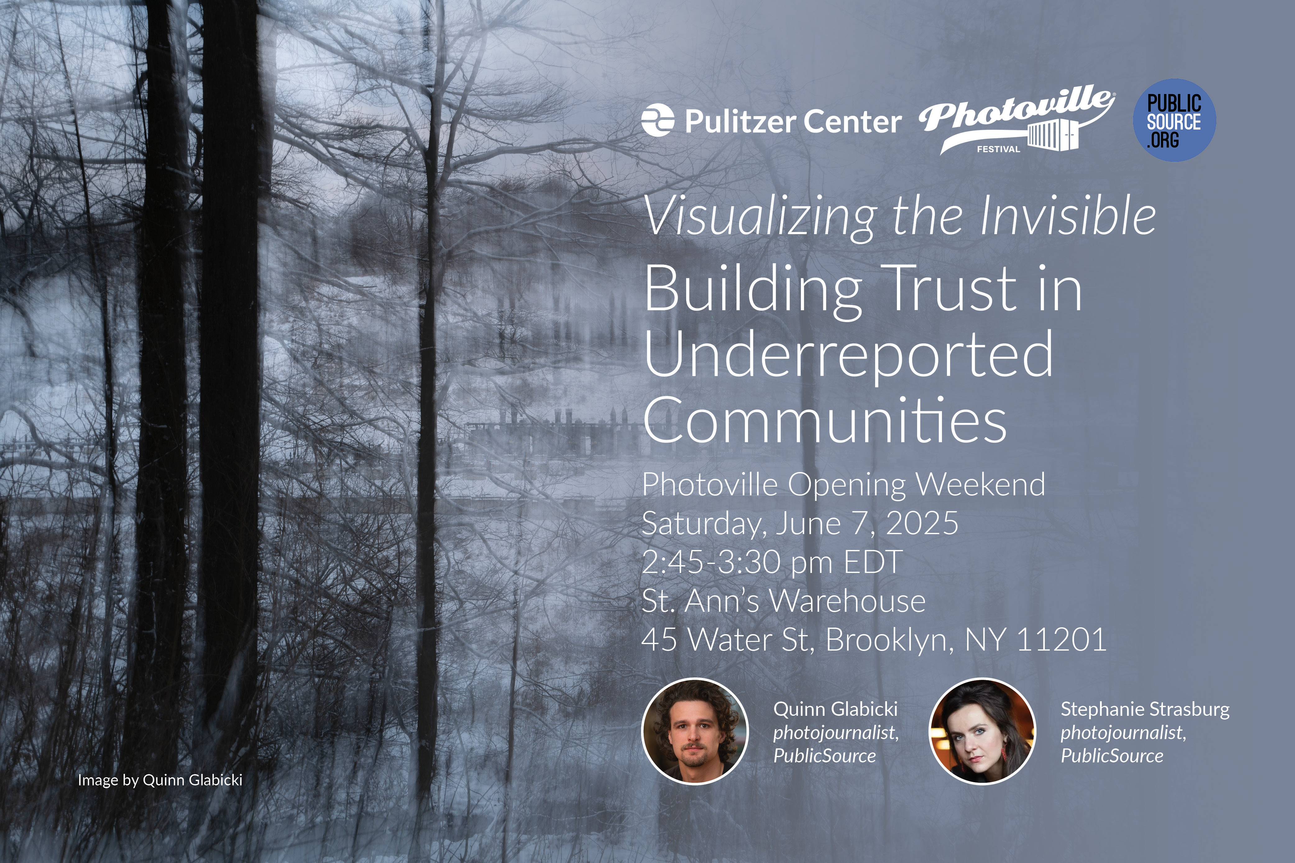 Event title overlayed on black and white image of trees & pollution