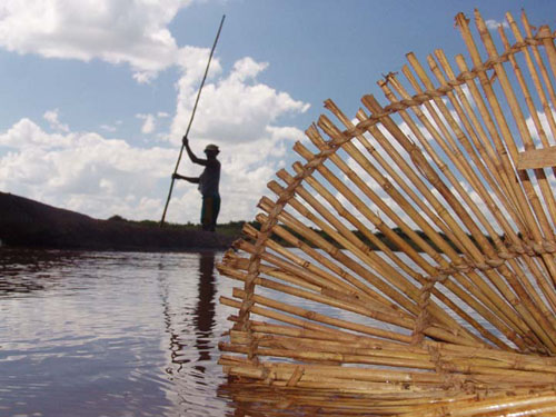 A boatman poles past a homemade fish trap on the Pungue River. 1