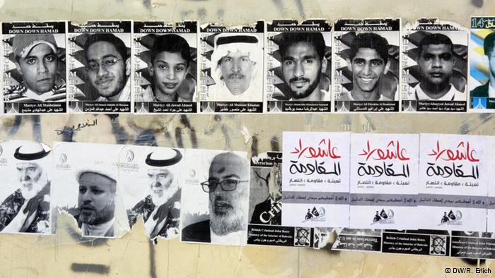 Posters of killed demonstrators line the walls of Bahrain's cities. Image by Reese Erlich. Bahrain, 2012. Media file: Bahrain-protesters.jpg
