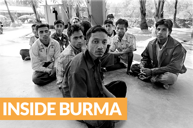 BDR troops apprehended eleven Rohingya men the morning of Feb 19th and detain them at the main BDR camp in Teknaf. The men had crossed into Bangladesh from Burma earlier that morning. The group had come to Bangladesh to get on a boat bound for Malaysia. BDR would push the entire groups back into Burma that same evening. Image by Greg Constantine. Bangladesh, 2009. Media file: INSIDE-BURMA.jpg