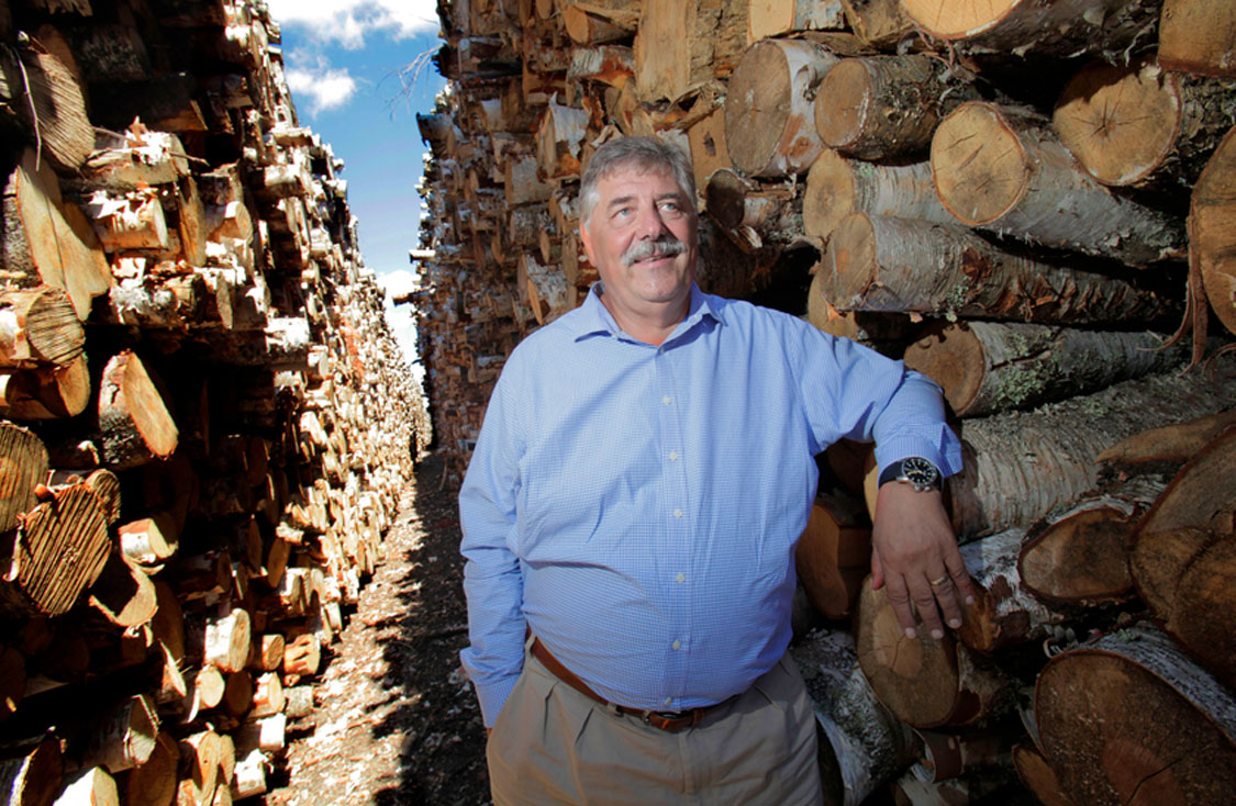 Butch Johnson, CEO of Flambeau River Paper, stands among the rows of cut logs ready to made into paper at the Flambeau River Paper mill in Park Falls, Wisconsin. Image by Mike De Sisti. USA, 2012. Media file: JournalSentinel_Video_SaveMill.jpg