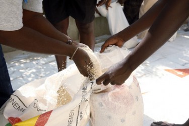 The U.N. distributes bags of rice. UN Photo/Sophia Paris