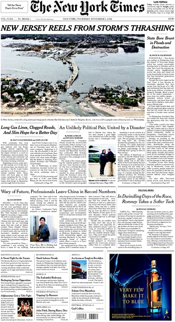 The November 1, 2012, New York Times Front Page Print Edition Image from NYTimes.com, 2012. Media file: NY Times.jpg