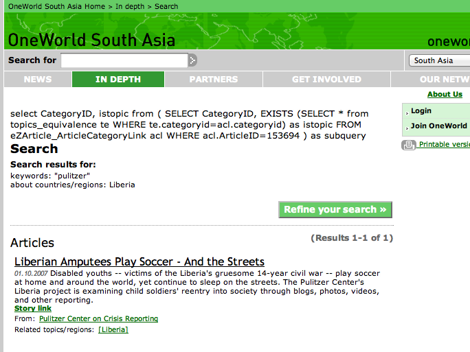 A screenshot of the OneWorld.net website, highlighting the Pulitzer Center's reporting on Liberia. Media file: One-World-Pulitzer-Center.png