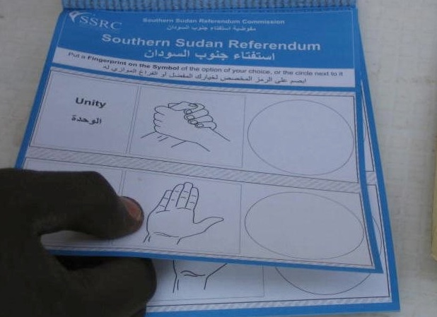 A Sudanese voting ballot. Image by Rebecca Hamilton. Sudan, 2011. This image first appeared in the Washington Post article, "For Southern Sudan, a Historic Vote for Independence" Jan. 9, 2011. Media file: STLwriteup_9493_10071.jpg