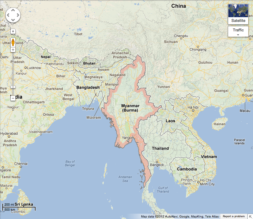 A screenshot of Burma from Google Maps. Accessed November 15, 2012. Map data ©2012 AutoNavi, Google, MapKing, Tele Atlas. Media file: Screen shot 2012-11-15 at 11.24.20 AM.png