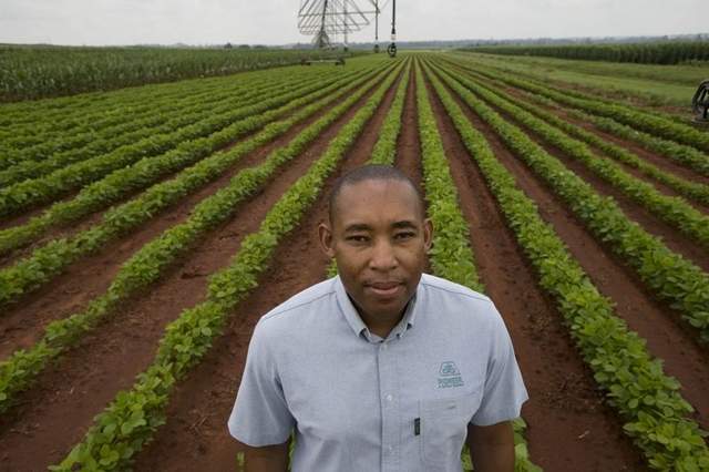 Kulani Machaba manages Pioneer's government registrations in South Africa. He's pictured on a research farm near Delmas, a corn-growing region east of Johannesburg. Pioneer is working to make corn produce high yields on less fertilizer. Image by Paul Botes for the Des Moines Register. South Africa, 2010.