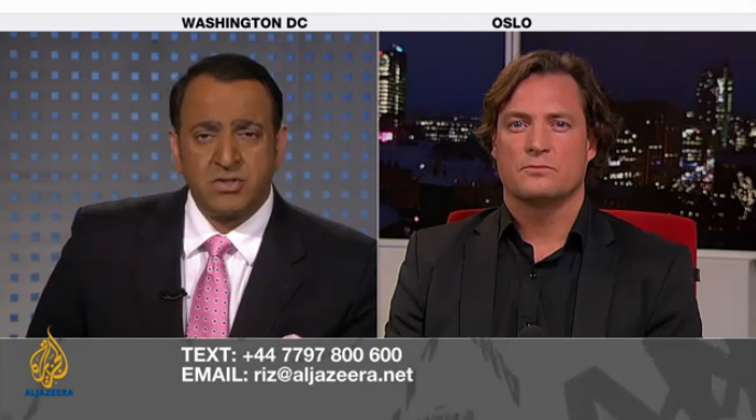 Marcus Bleasdale on Riz Khan's show. Via Al Jazeera. 2011. Media file: bleas_9472_9992.jpg