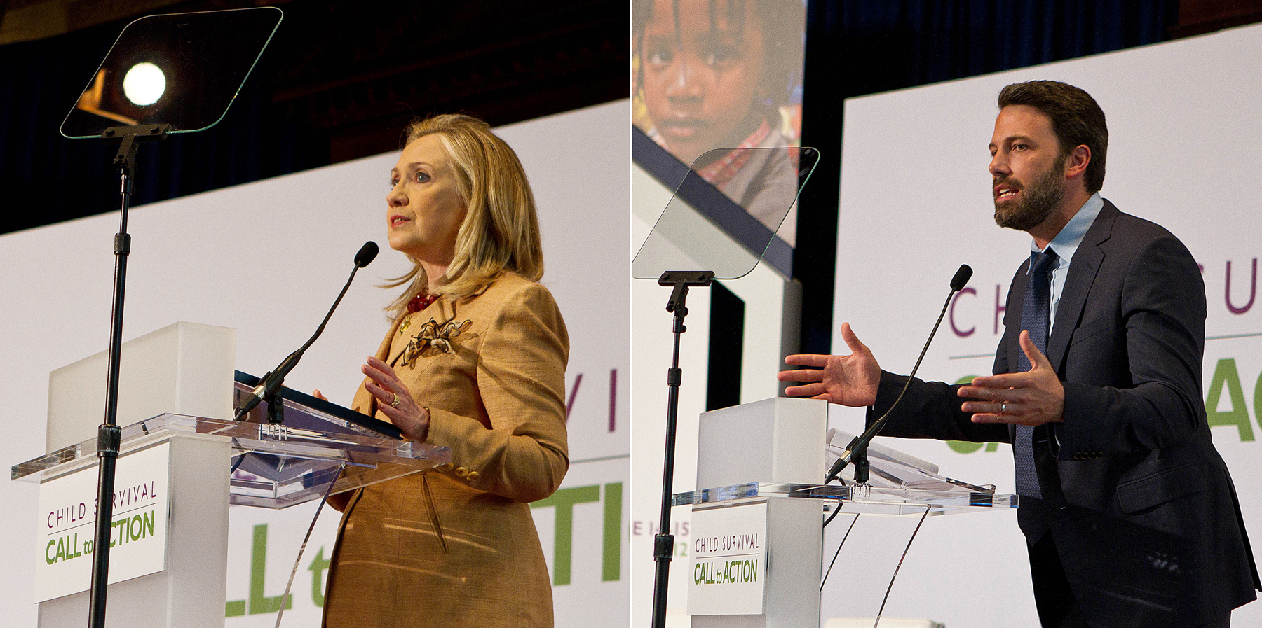 Secretary of State Hillary Clinton and actor Ben Affleck take the stage at a conference calling for an end to preventable child mortality. Images by Meghan Dhaliwal. Washington, DC, 2012.