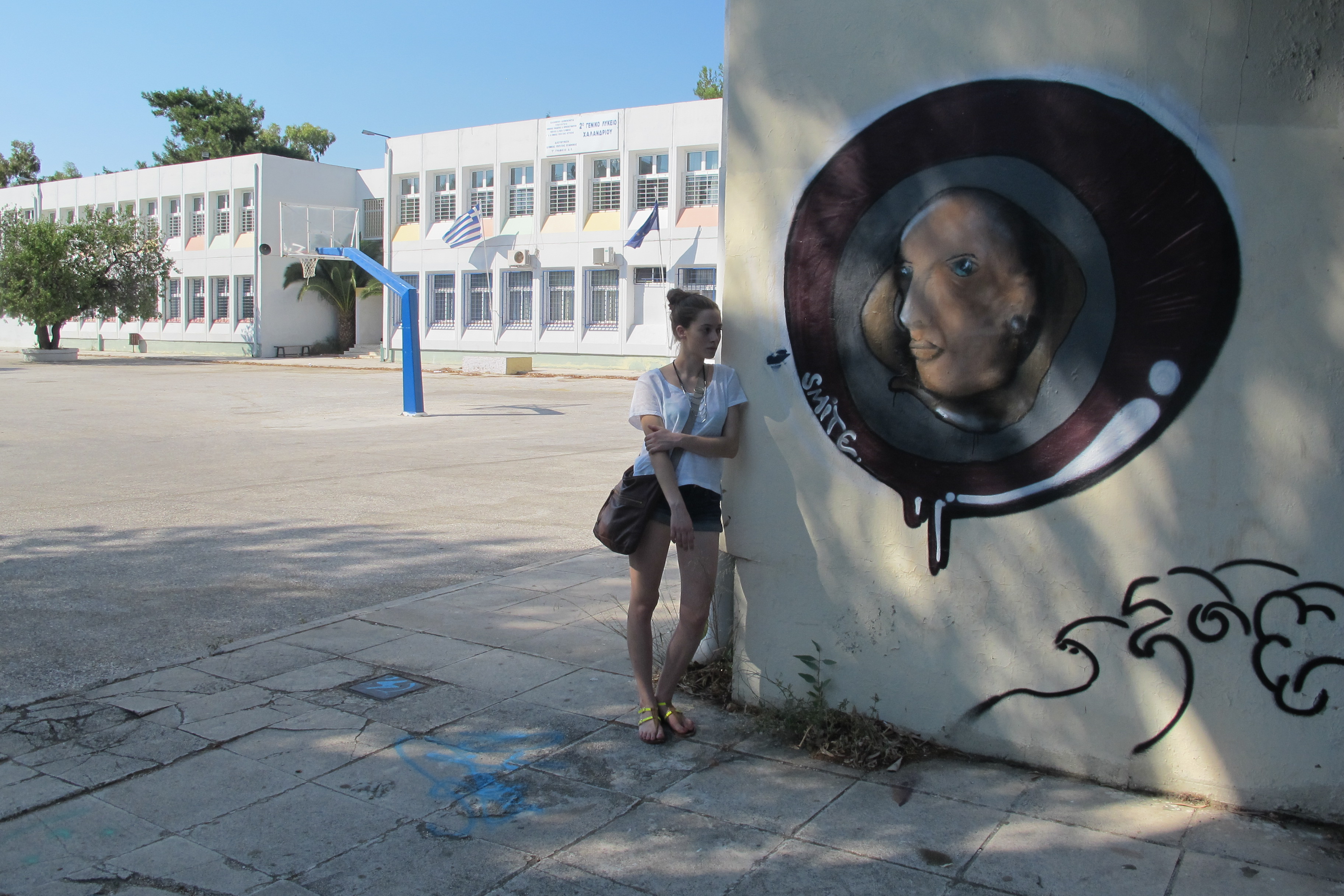 Maria Kyrozi at her high school in Athens. Image by Edith Ismene Nicolaou-Griffin. Athens, Greece, 2012. Media file: edieIMG_2913.jpg