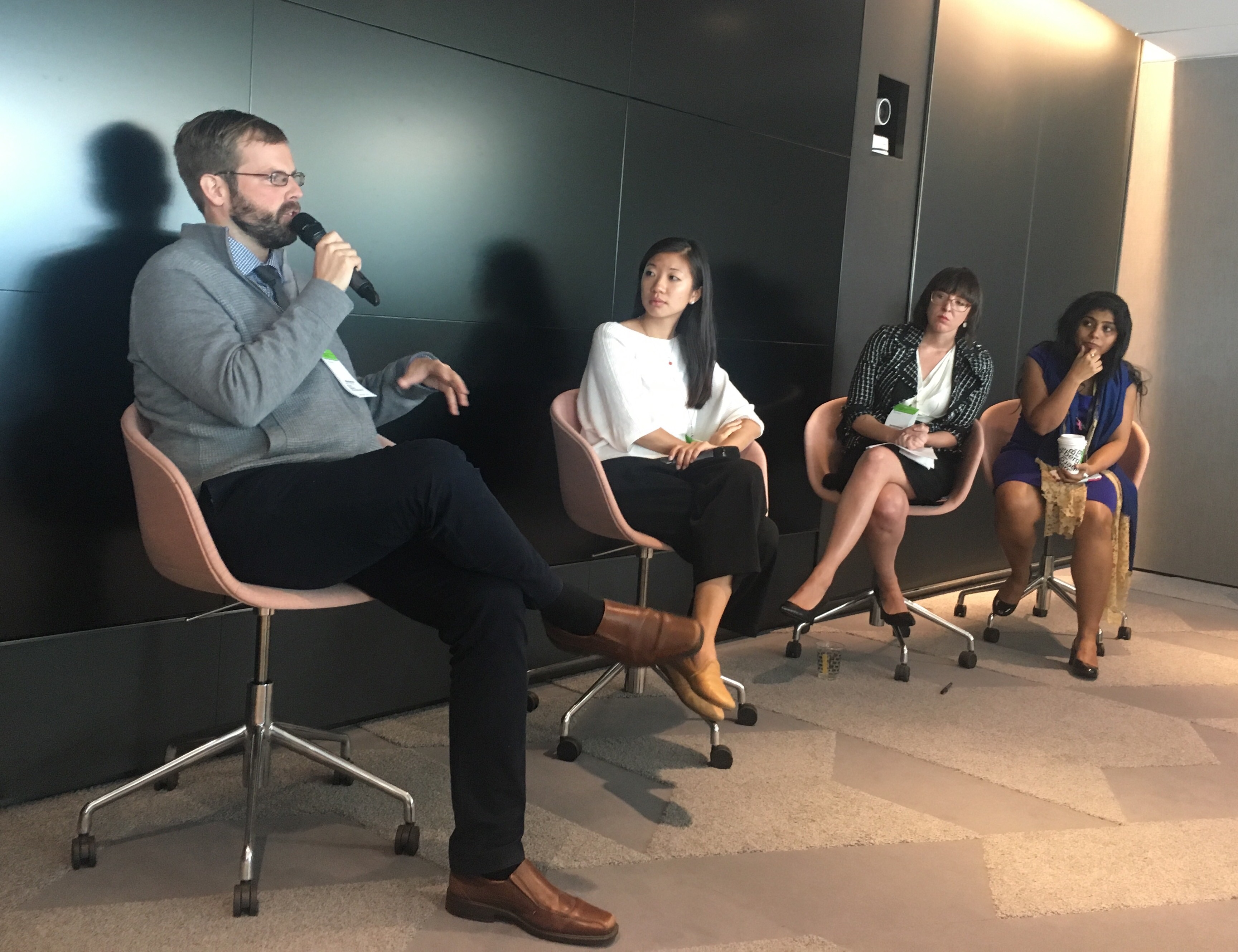 How to Pitch a Global Story GroundTruth co-founder and executive editor Kevin Grant, Pulitzer Center grantee Alice Su, Pulitzer Center grantee Malia Politzer, and deputy leader of Bloomberg’s Oil Trading Americas team Debarati Roy on 'Pitch a Global Story.' Image by Kem Knapp Sawyer. Washington, DC, 2017.