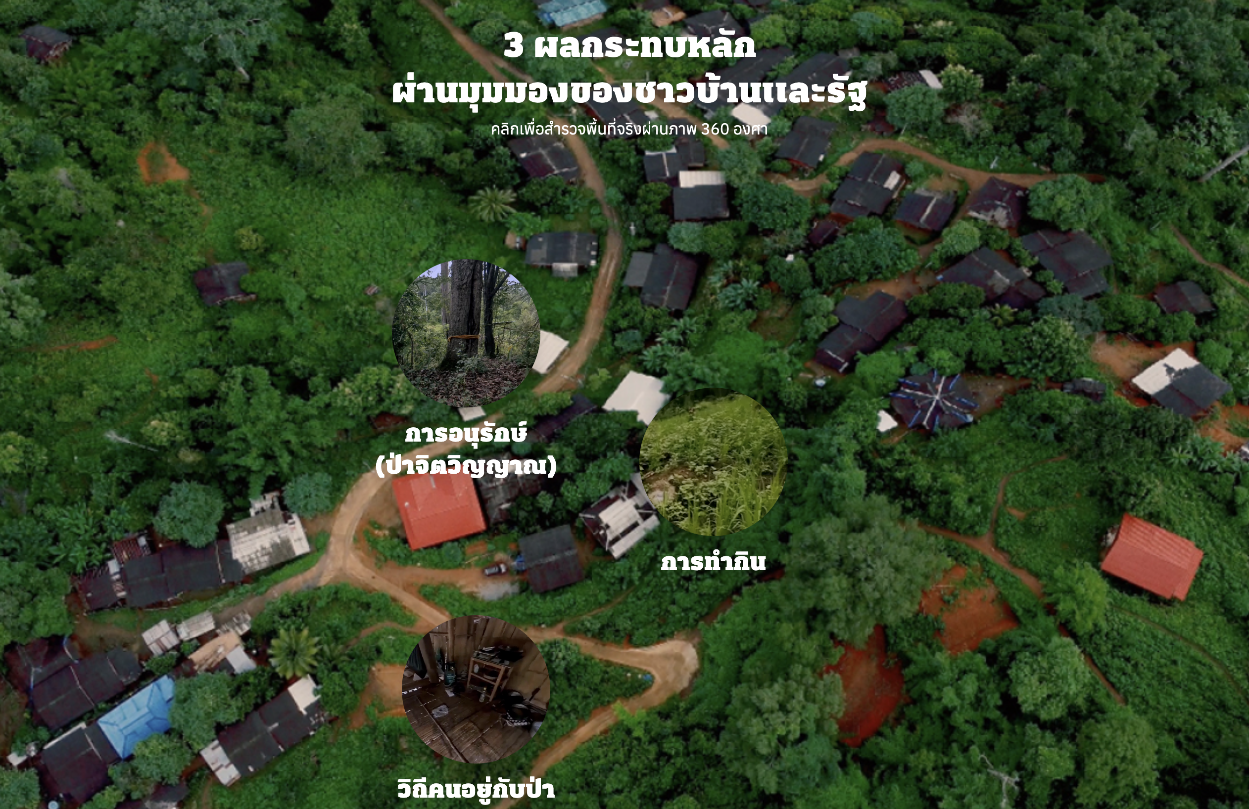 An aerial overview of a Thai forest with three zoom-in buttons featuring interview videos with villagers.