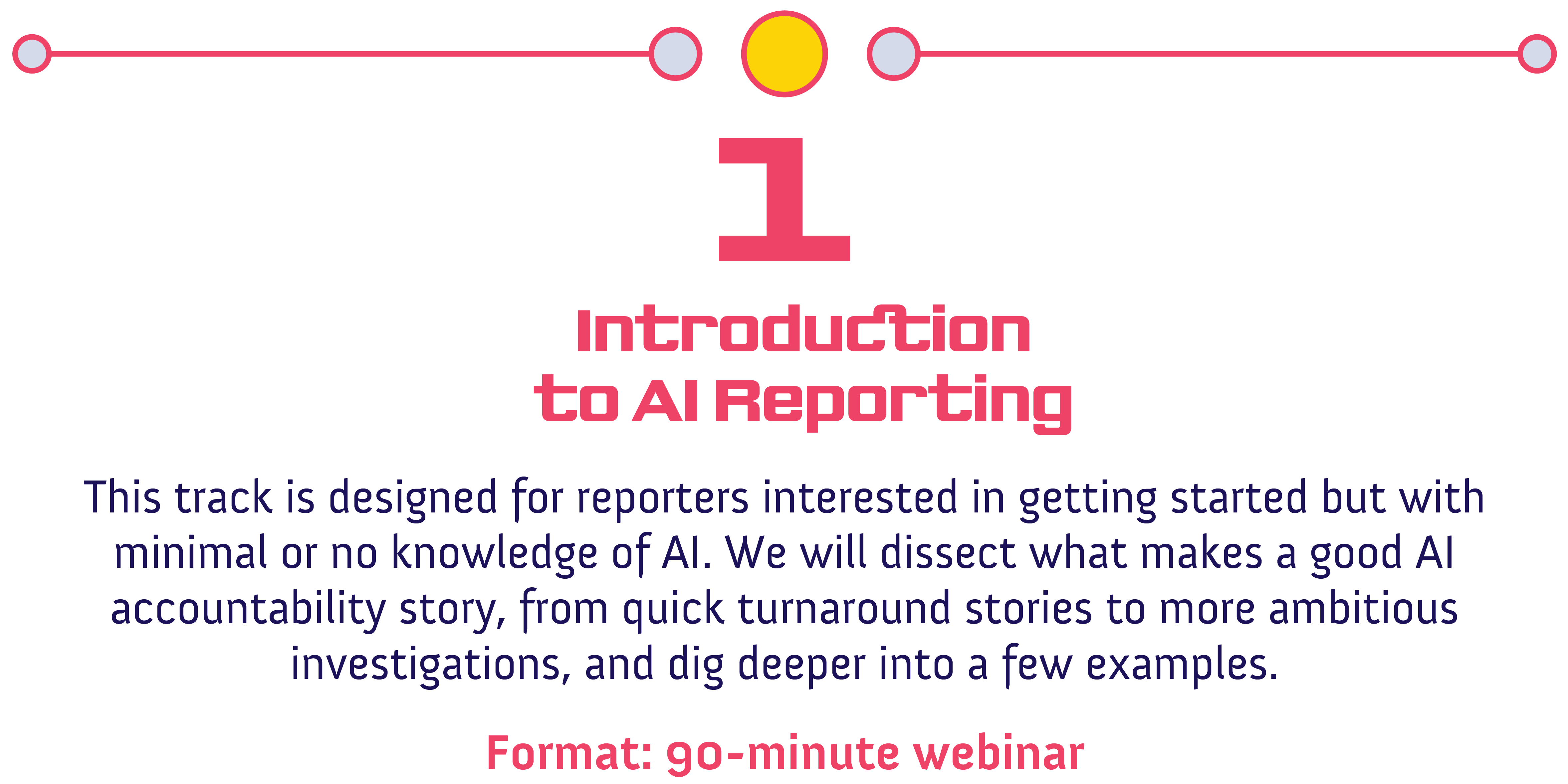 Track 1<br />
Introduction to AI Reporting</p>
<p>This track is designed for reporters interested in getting started but with minimal or no knowledge of AI. We will dissect what makes a good AI accountability story, from quick turnaround stories to more ambitious investigations, and dig into a few examples.</p>
<p>Format: 90 minute webinar