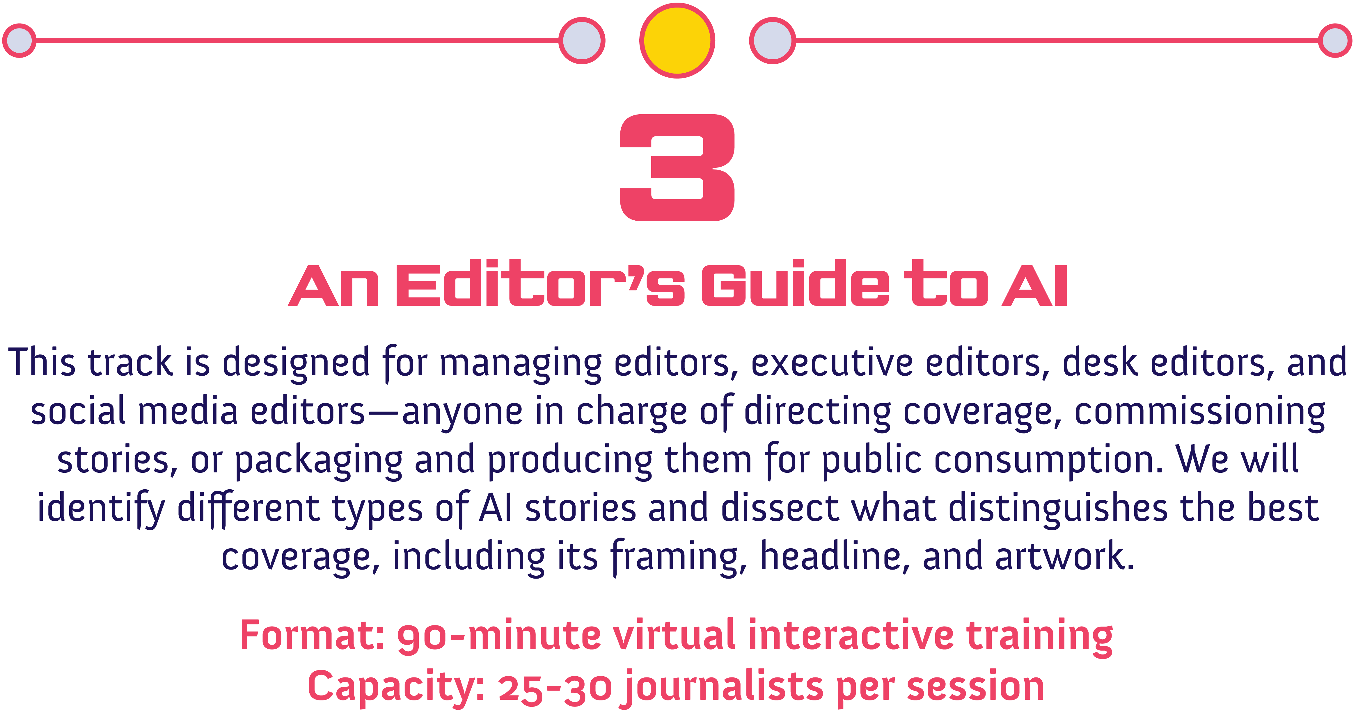 3<br />
an editor's guide to AI</p>
<p>This track is for managing editors, executive editors, desk editors, and social media editors—anyone in charge of directing coverage, commissioning stories, or packaging and producing them for public consumption. We will identify different types of AI stories and dissect what distinguishes the best coverage, including its framing, headline, and artwork.</p>
<p>Format: 90-minute virtual interactive session<br />
capacity: 25-30 journalists per session